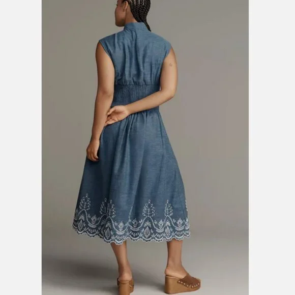Anthropologie The Tommie Denim Chambray Zip Front Eyelet Trim Dress Blue S NWT